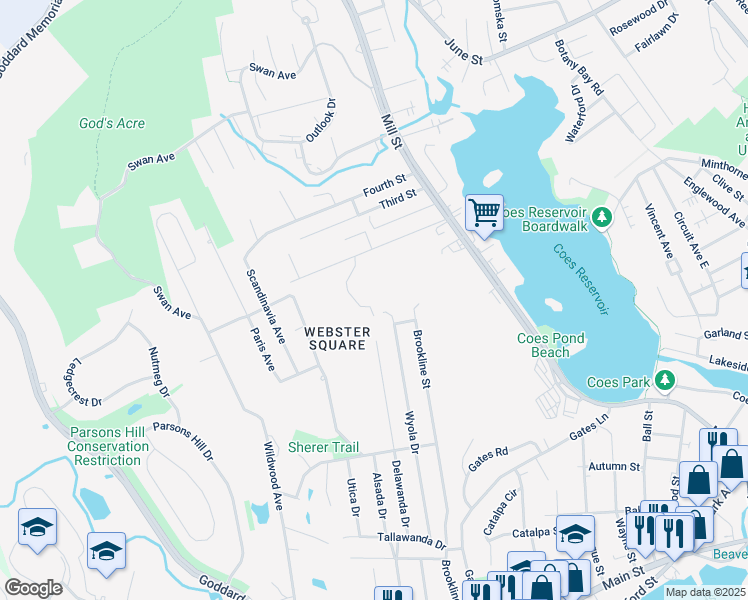 map of restaurants, bars, coffee shops, grocery stores, and more near 39 1st Street in Worcester