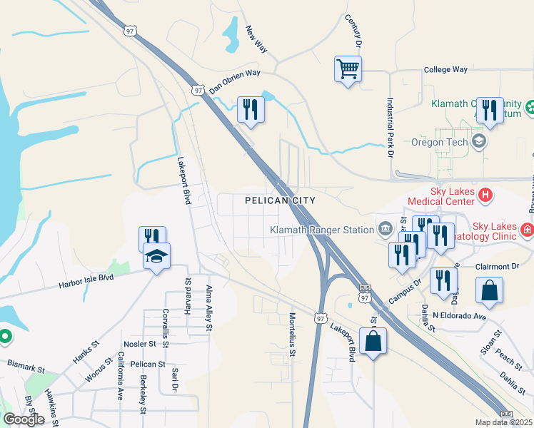 map of restaurants, bars, coffee shops, grocery stores, and more near 3420 Chelsea Street in Klamath Falls