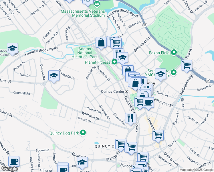 map of restaurants, bars, coffee shops, grocery stores, and more near 82 Dimmock Street in Quincy