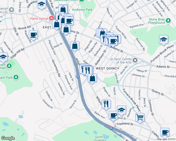 map of restaurants, bars, coffee shops, grocery stores, and more near 97 Willard Street in Quincy