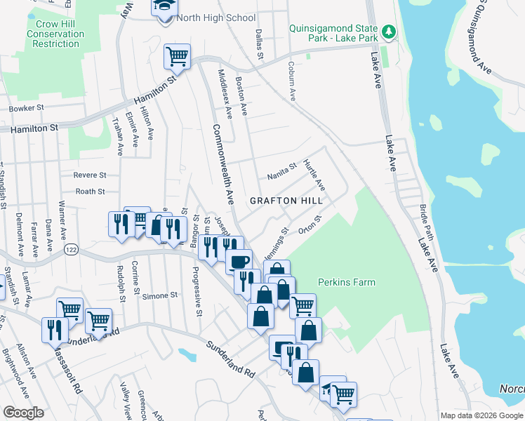 map of restaurants, bars, coffee shops, grocery stores, and more near 26 Angelo Street in Worcester