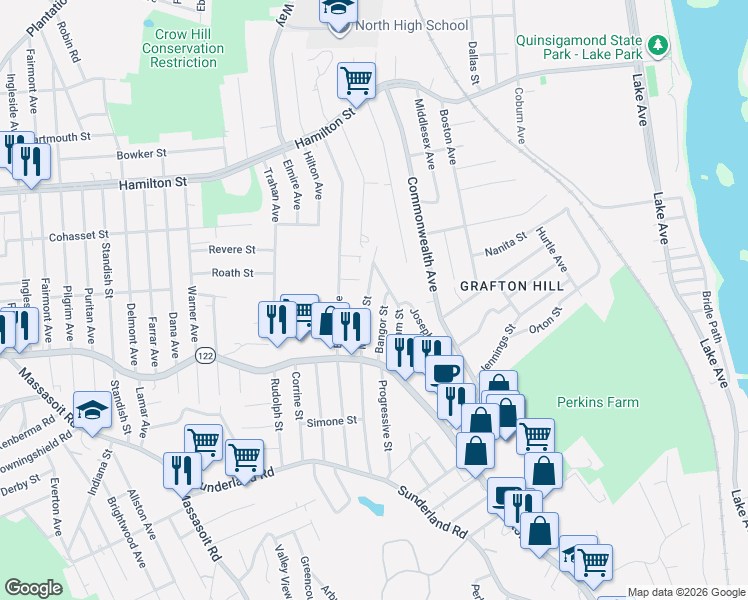 map of restaurants, bars, coffee shops, grocery stores, and more near 18 Bangor Street in Worcester