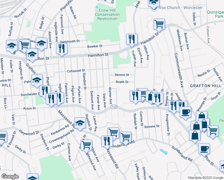 map of restaurants, bars, coffee shops, grocery stores, and more near 23 Inverness Avenue in Worcester