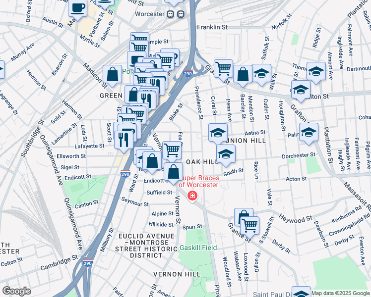 map of restaurants, bars, coffee shops, grocery stores, and more near 47 Dorchester Street in Worcester