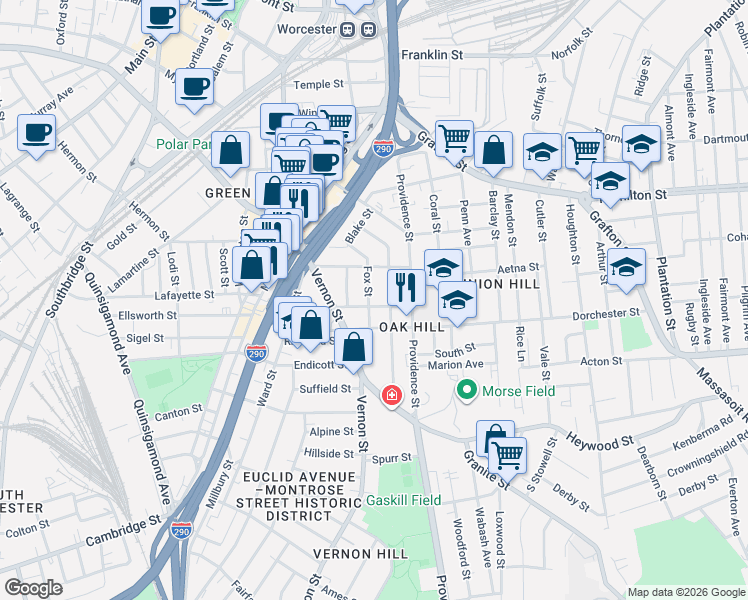 map of restaurants, bars, coffee shops, grocery stores, and more near 47 Dorchester Street in Worcester