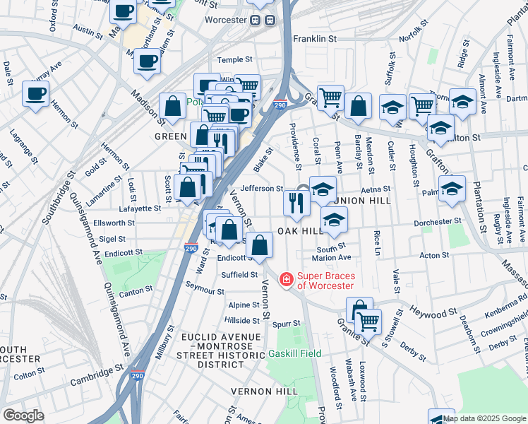 map of restaurants, bars, coffee shops, grocery stores, and more near 47 Dorchester Street in Worcester