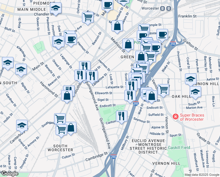 map of restaurants, bars, coffee shops, grocery stores, and more near 51 Ellsworth Street in Worcester