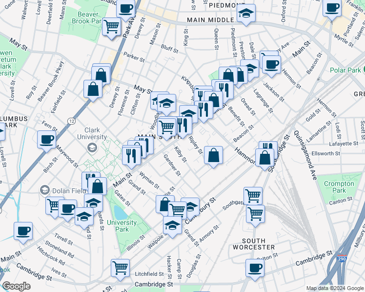 map of restaurants, bars, coffee shops, grocery stores, and more near 8 Kilby Street in Worcester