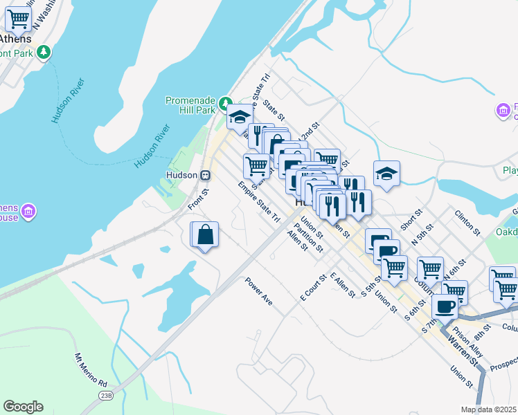 map of restaurants, bars, coffee shops, grocery stores, and more near 2-242 Dear Alley in Hudson