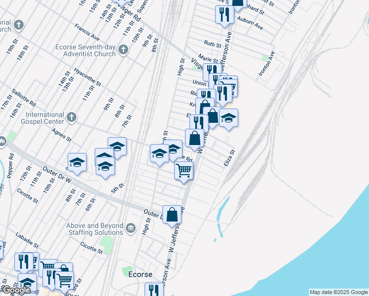 map of restaurants, bars, coffee shops, grocery stores, and more near 19 Salliotte Road in Ecorse