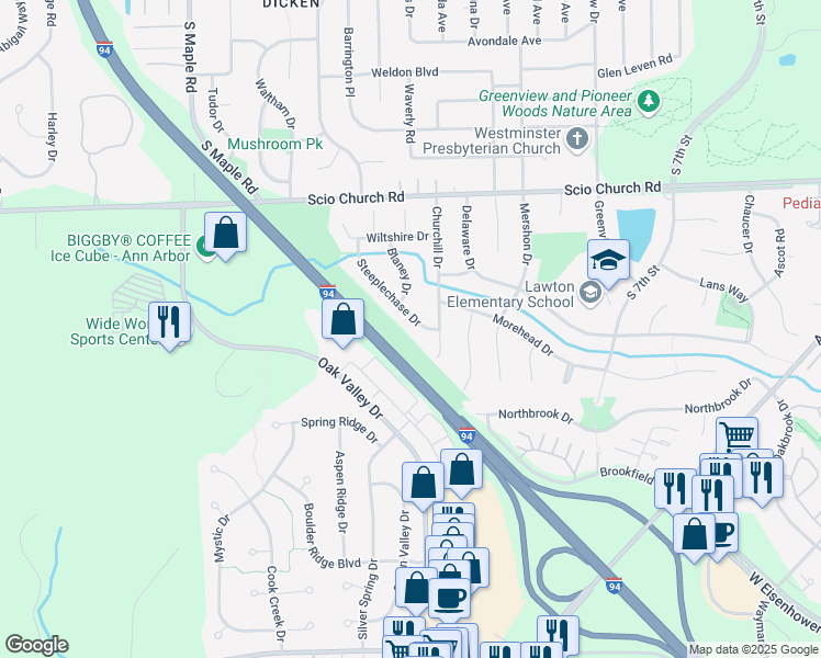 map of restaurants, bars, coffee shops, grocery stores, and more near 2330 Churchill Drive in Ann Arbor