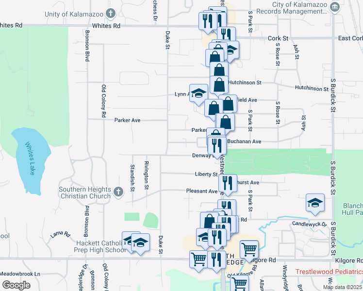 map of restaurants, bars, coffee shops, grocery stores, and more near 715 Denway Drive in Kalamazoo