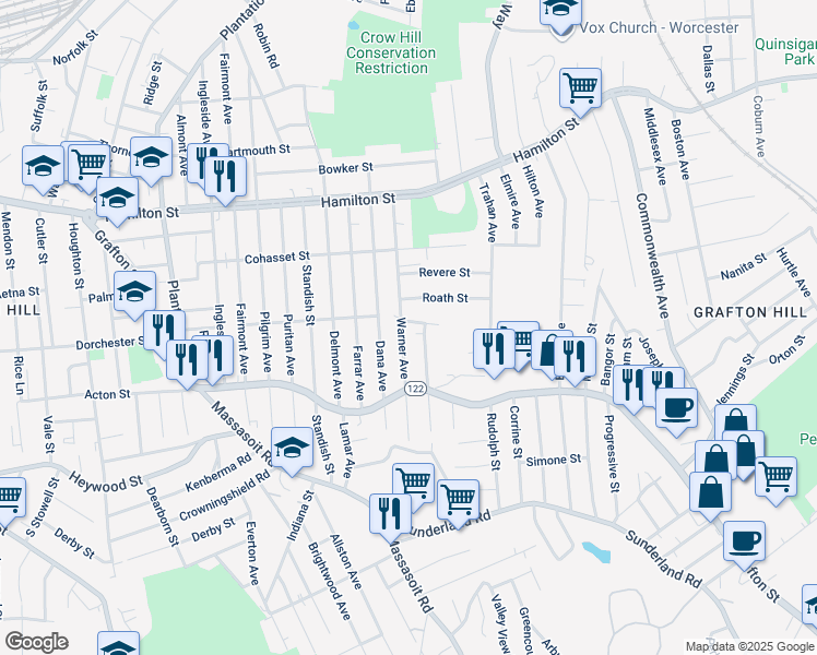 map of restaurants, bars, coffee shops, grocery stores, and more near 23 Inverness Avenue in Worcester
