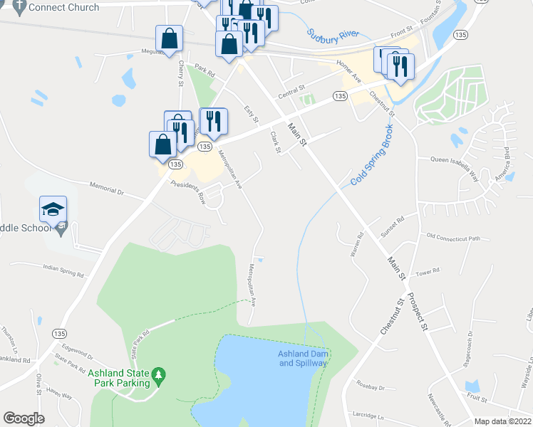 map of restaurants, bars, coffee shops, grocery stores, and more near 56-58 Metropolitan Avenue in Ashland