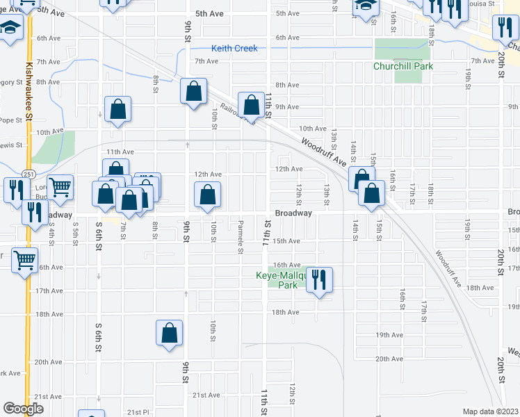 map of restaurants, bars, coffee shops, grocery stores, and more near 1528 Broadway in Rockford
