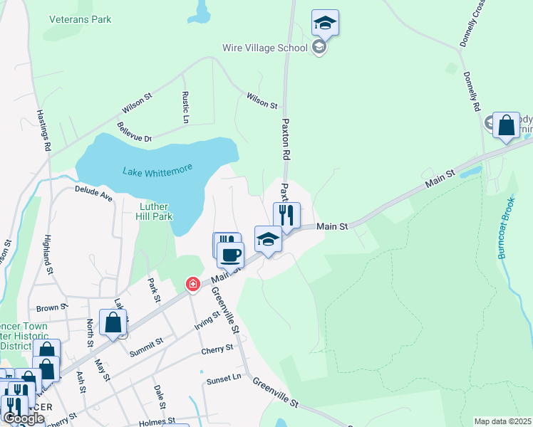 map of restaurants, bars, coffee shops, grocery stores, and more near 4 Lake Whittemore Drive in Spencer