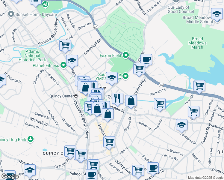 map of restaurants, bars, coffee shops, grocery stores, and more near in Quincy