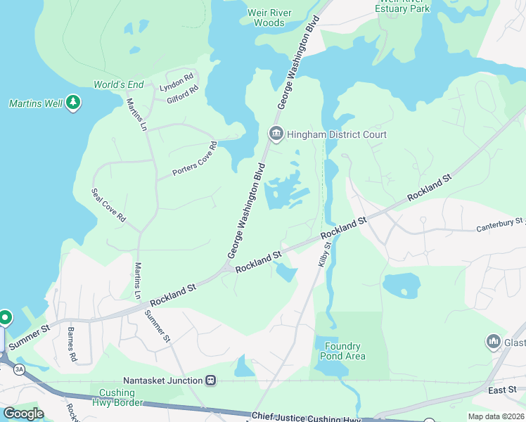 map of restaurants, bars, coffee shops, grocery stores, and more near 41 George Washington Boulevard in Hingham
