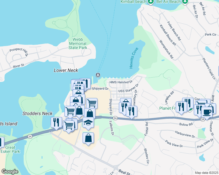 map of restaurants, bars, coffee shops, grocery stores, and more near 194 HMS Halsted Drive in Hingham
