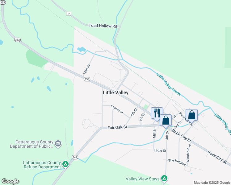 map of restaurants, bars, coffee shops, grocery stores, and more near in Little Valley