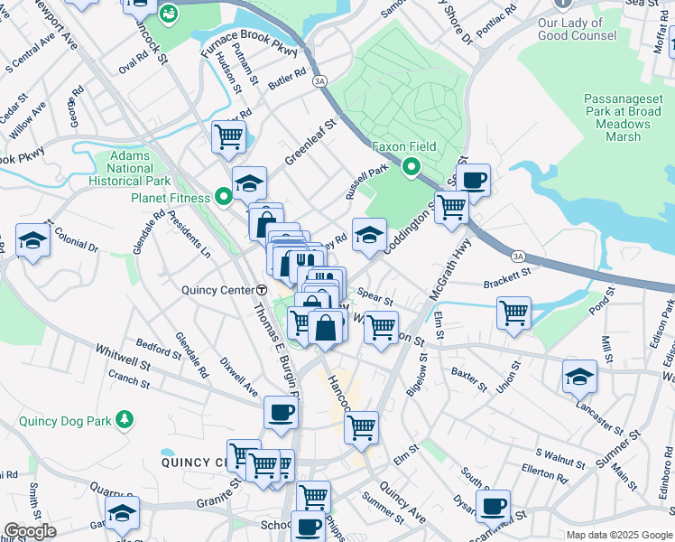 map of restaurants, bars, coffee shops, grocery stores, and more near 26 Coddington Street in Quincy