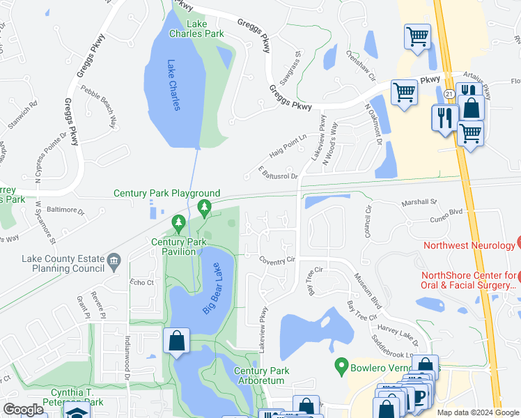 map of restaurants, bars, coffee shops, grocery stores, and more near 1415 Clairmont Court in Vernon Hills
