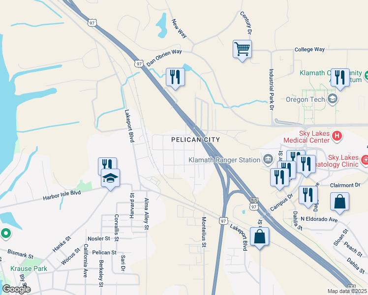 map of restaurants, bars, coffee shops, grocery stores, and more near 3420 Chelsea Street in Klamath Falls