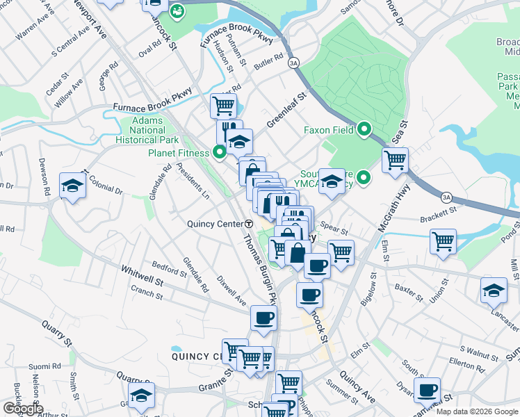map of restaurants, bars, coffee shops, grocery stores, and more near 1205 Hancock Street in Quincy