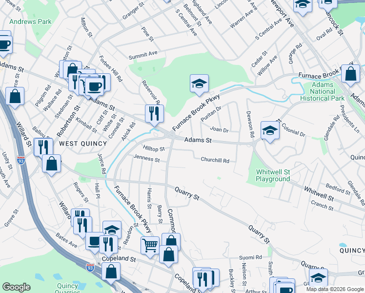 map of restaurants, bars, coffee shops, grocery stores, and more near 33 Old Coach Road in Quincy