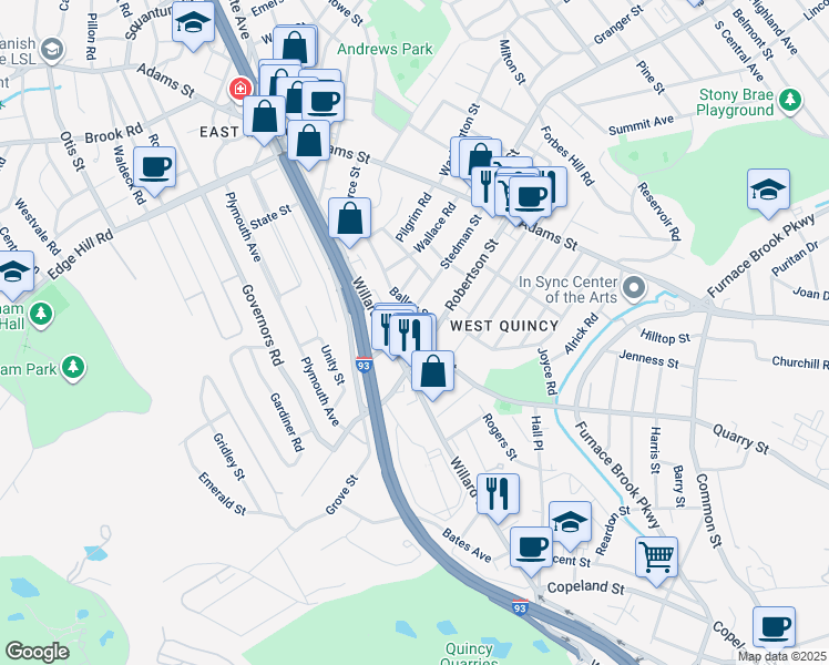 map of restaurants, bars, coffee shops, grocery stores, and more near 97 Willard Street in Quincy