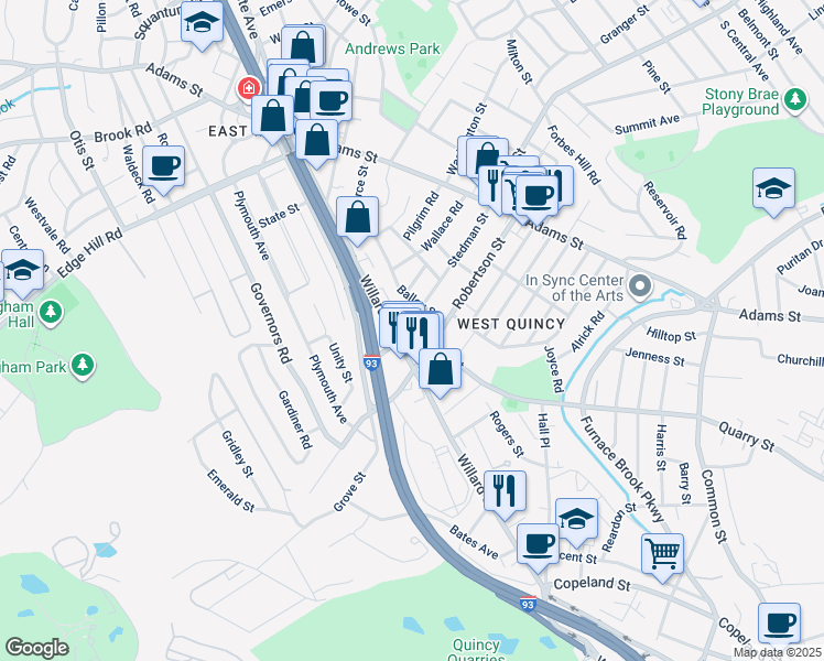 map of restaurants, bars, coffee shops, grocery stores, and more near 97 Willard Street in Quincy