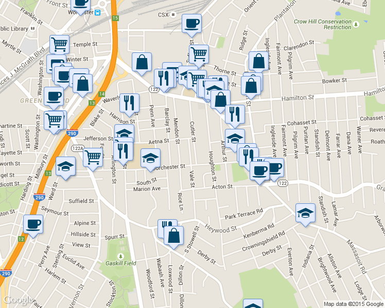 map of restaurants, bars, coffee shops, grocery stores, and more near 127 Dorchester Street in Worcester