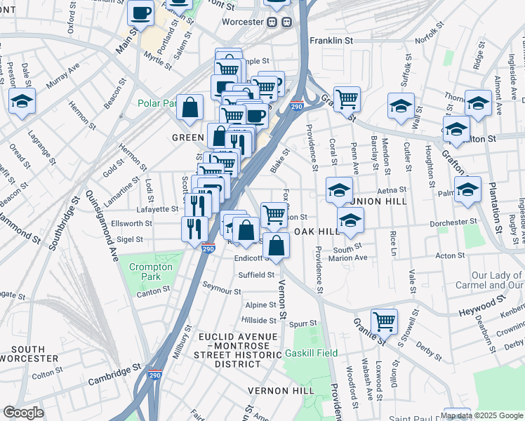 map of restaurants, bars, coffee shops, grocery stores, and more near 42 Vernon Street in Worcester
