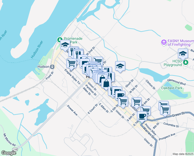 map of restaurants, bars, coffee shops, grocery stores, and more near 322 Union Street in Hudson