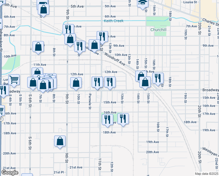 map of restaurants, bars, coffee shops, grocery stores, and more near 1601 Broadway in Rockford