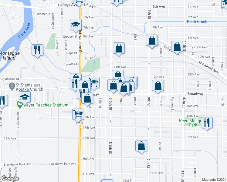 map of restaurants, bars, coffee shops, grocery stores, and more near 1508 South 6th Street in Rockford