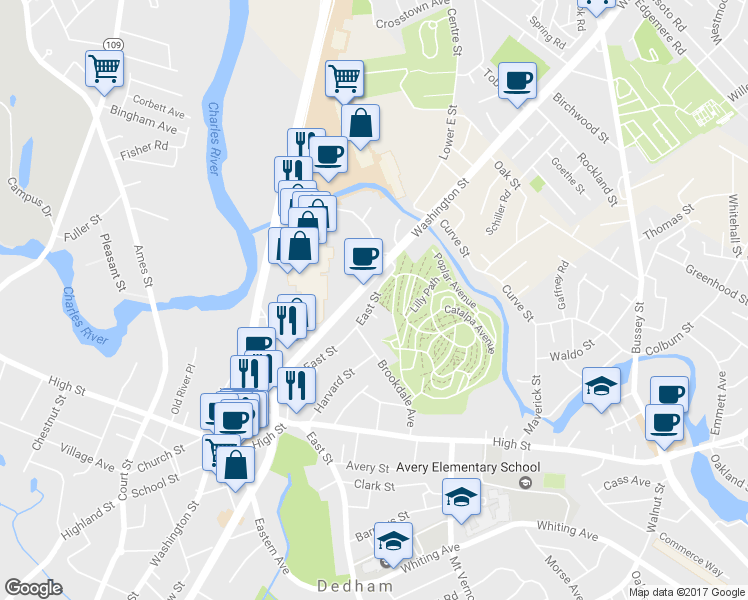 map of restaurants, bars, coffee shops, grocery stores, and more near 200 East St in Dedham