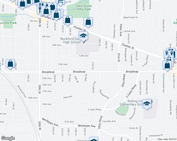 map of restaurants, bars, coffee shops, grocery stores, and more near 3014 Broadway in Rockford