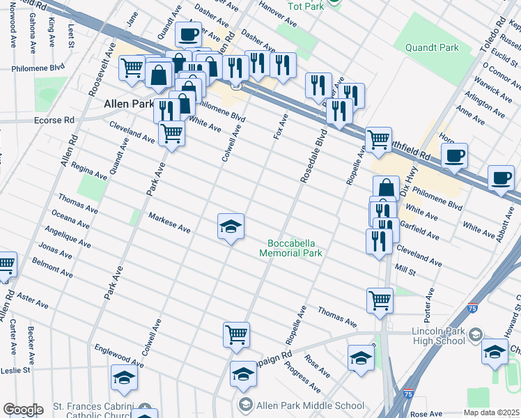 map of restaurants, bars, coffee shops, grocery stores, and more near 14899 McLain Avenue in Allen Park