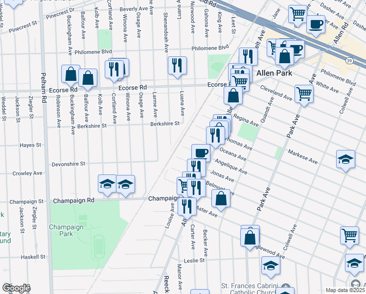 map of restaurants, bars, coffee shops, grocery stores, and more near 14557 Angelique Avenue in Allen Park