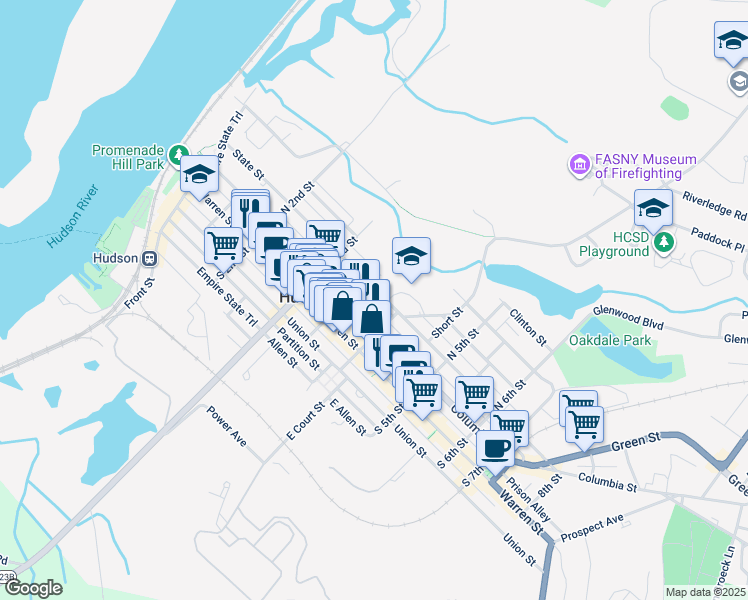 map of restaurants, bars, coffee shops, grocery stores, and more near 351 State Street in Hudson