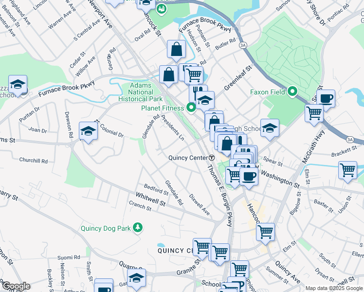 map of restaurants, bars, coffee shops, grocery stores, and more near 105 Presidents Lane in Quincy
