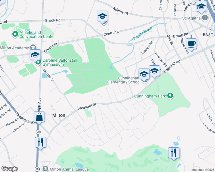 map of restaurants, bars, coffee shops, grocery stores, and more near 51 Bradford Road in Milton