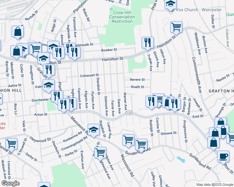 map of restaurants, bars, coffee shops, grocery stores, and more near in Worcester