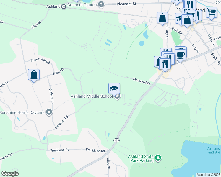 map of restaurants, bars, coffee shops, grocery stores, and more near 87 West Union Street in Ashland
