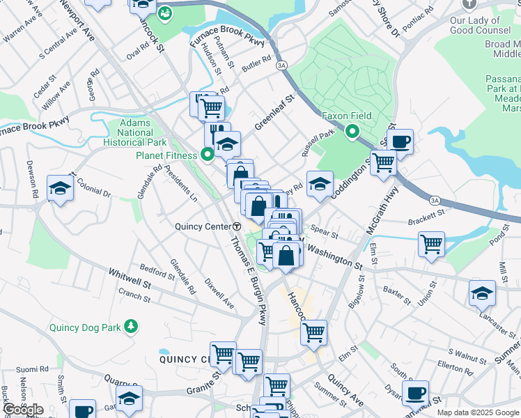 map of restaurants, bars, coffee shops, grocery stores, and more near 1218 Hancock Street in Quincy