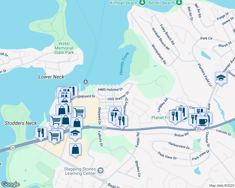 map of restaurants, bars, coffee shops, grocery stores, and more near 194 HMS Halsted Drive in Hingham