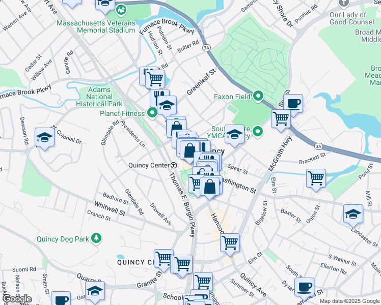 map of restaurants, bars, coffee shops, grocery stores, and more near 18 Russell Park in Quincy