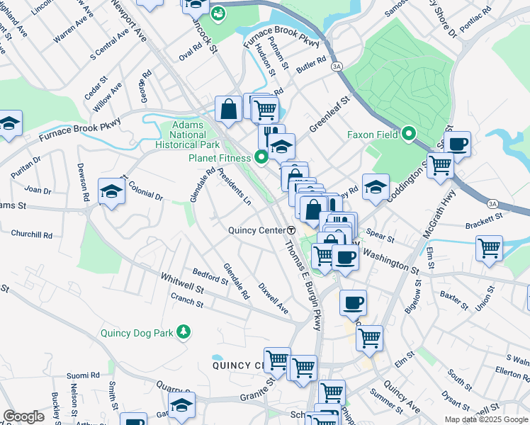 map of restaurants, bars, coffee shops, grocery stores, and more near 75 Thomas Burgin Parkway in Quincy