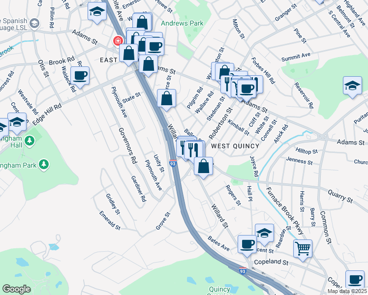 map of restaurants, bars, coffee shops, grocery stores, and more near 38 Ballou Street in Quincy
